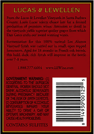 2002 Lucas & Lewellen Syrah back label red and black 2002 Lucas & Lewellen Syrah back label red and black
