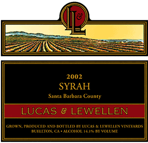 2002 Lucas & Lewellen Syrah front label red and black 2002 Lucas & Lewellen Syrah front label red and black