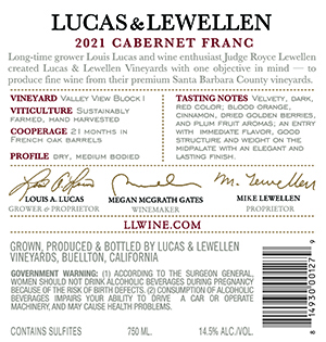 2021 Lucas & Lewellen Cabernet Franc back label