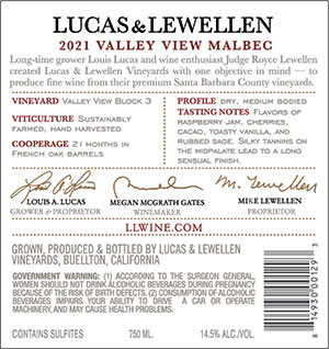 2021 Lucas & Lewellen Vineyards Malbec back label