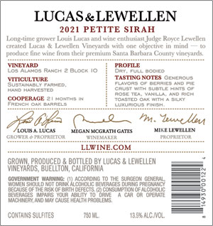 2021 Lucas & Lewellen Petite Sirah back label