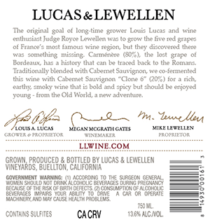 2022 Lucas & Lewellen Carmenere back label