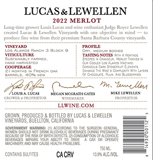Lucas & Lewellen 2022 Merlot back label