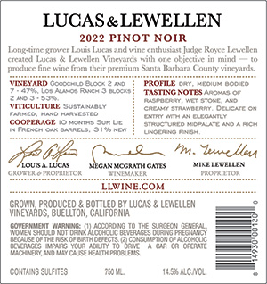 2022 Lucas & Lewellen Pinot Noir back label 2022 Lucas & Lewellen Pinot Noir back label