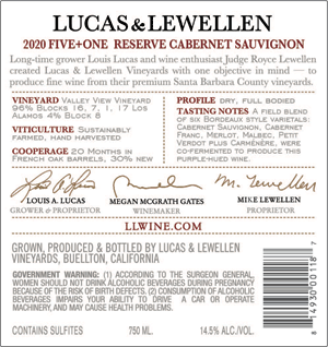 2020 Lucas & Lewellen Five + One Cabernet blend back label
