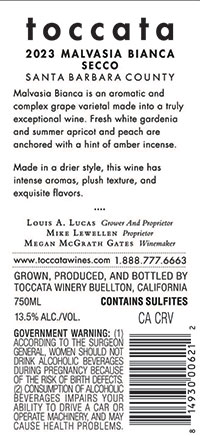 Toccata Malvasia Bianca "Secco" back label Toccata Malvasia Bianca "Secco" back label