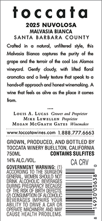 2025 Toccata Nuvalosa back label 2025 Toccata Nuvalosa back label