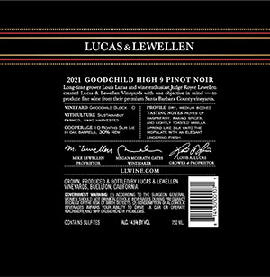 2021 Pinot Noir Goodchild High 9 Vineyard Back Label
