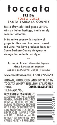 2021 Toccata Rosso Dolce Freisa back label