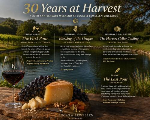 Wine and cheese at a pond Harvest Weekend 2026 at Lucas & Lewellen Vineyards