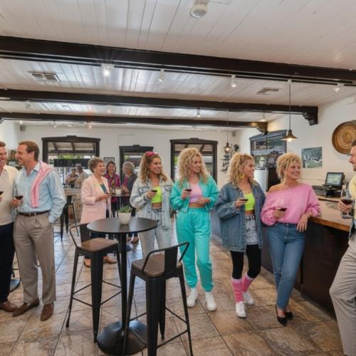 Lucas & Lewellen Tasting Room with happy wine drinkers dressed in 1980's clothes enjoying wine