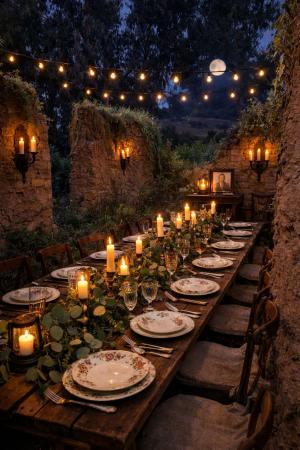 Long wood dinner table in the ruins