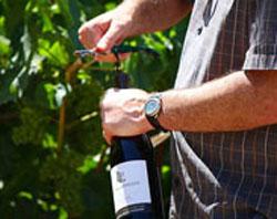 A photo of Mike Lewellen opening a wine bottle