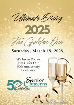 Graphic of Senior Concerns dinner flyer - two champagne glasses and invitation