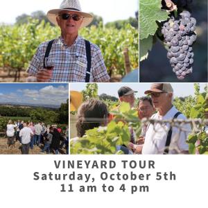 Various images of Louis Lucas in the sunny vineyard, tasting wine with guests, announcing Vineyard Tour event