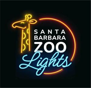 Santa Barbara Zoo Lights Logo - a neon light giraffe with spelled out zoo lights