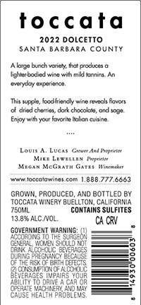 2022 Dolcetto back label 2022 Dolcetto back label