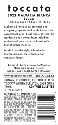 Toccata Malvasia Bianca "Secco" back label