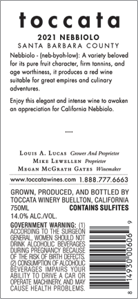 2021 Toccata Nebbiolo back label