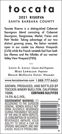 Toccata Riserva 2021 back label